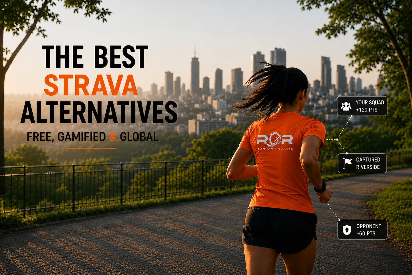 Two runners running together along a city promenade at sunset
