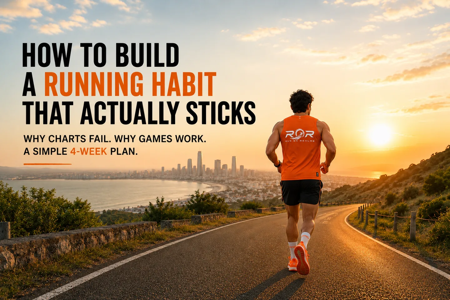 A runner on a hilltop trail at sunrise