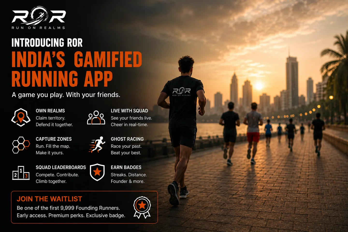 A runner facing a city skyline at sunset on a wet boardwalk